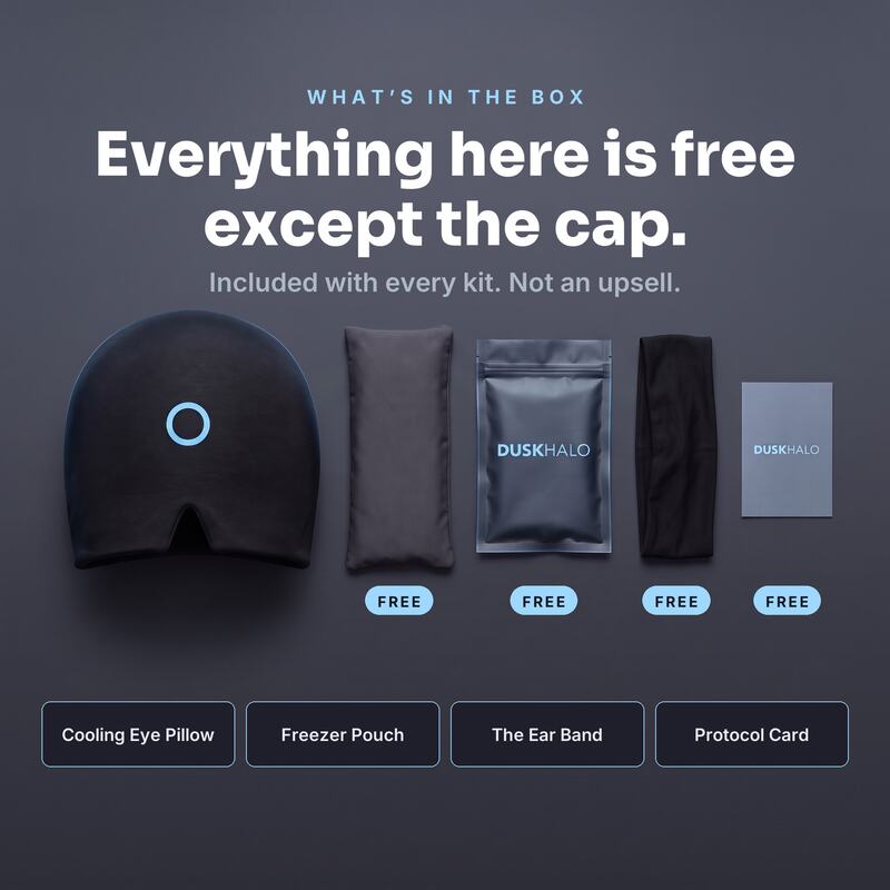 What's in the box — cap, cooling eye pillow, freezer pouch, ear band and protocol card
